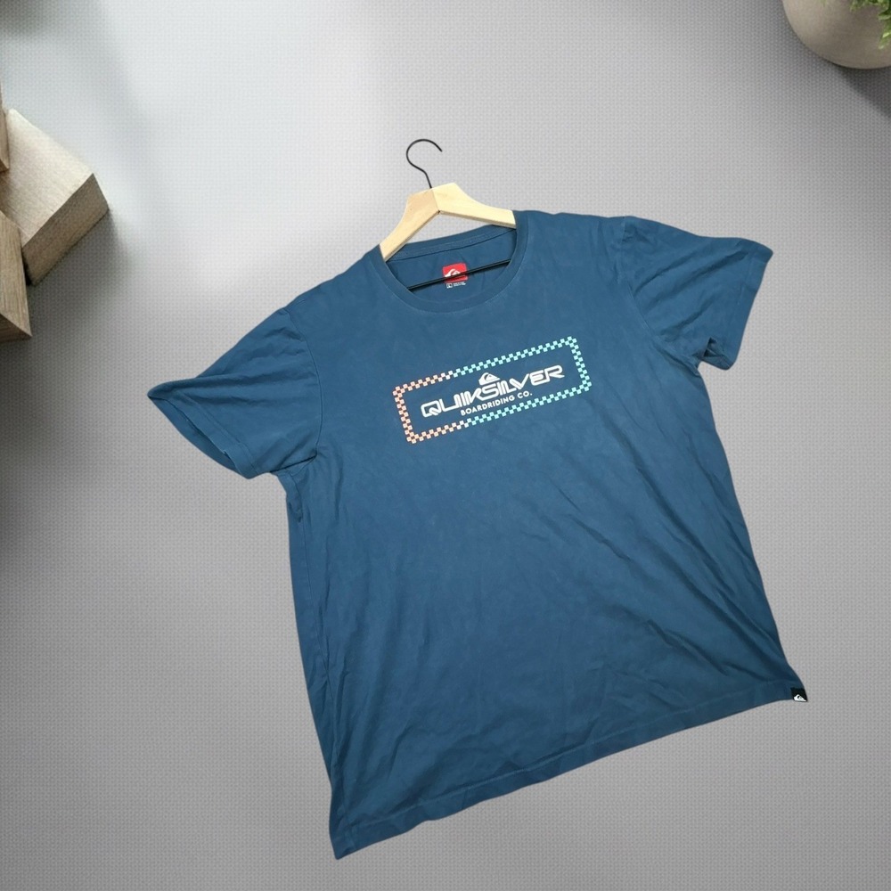 Quiksilver Mens Blue Graphic T-Shirt Box Logo‎ Skater Y2K Vintage Large 0853
